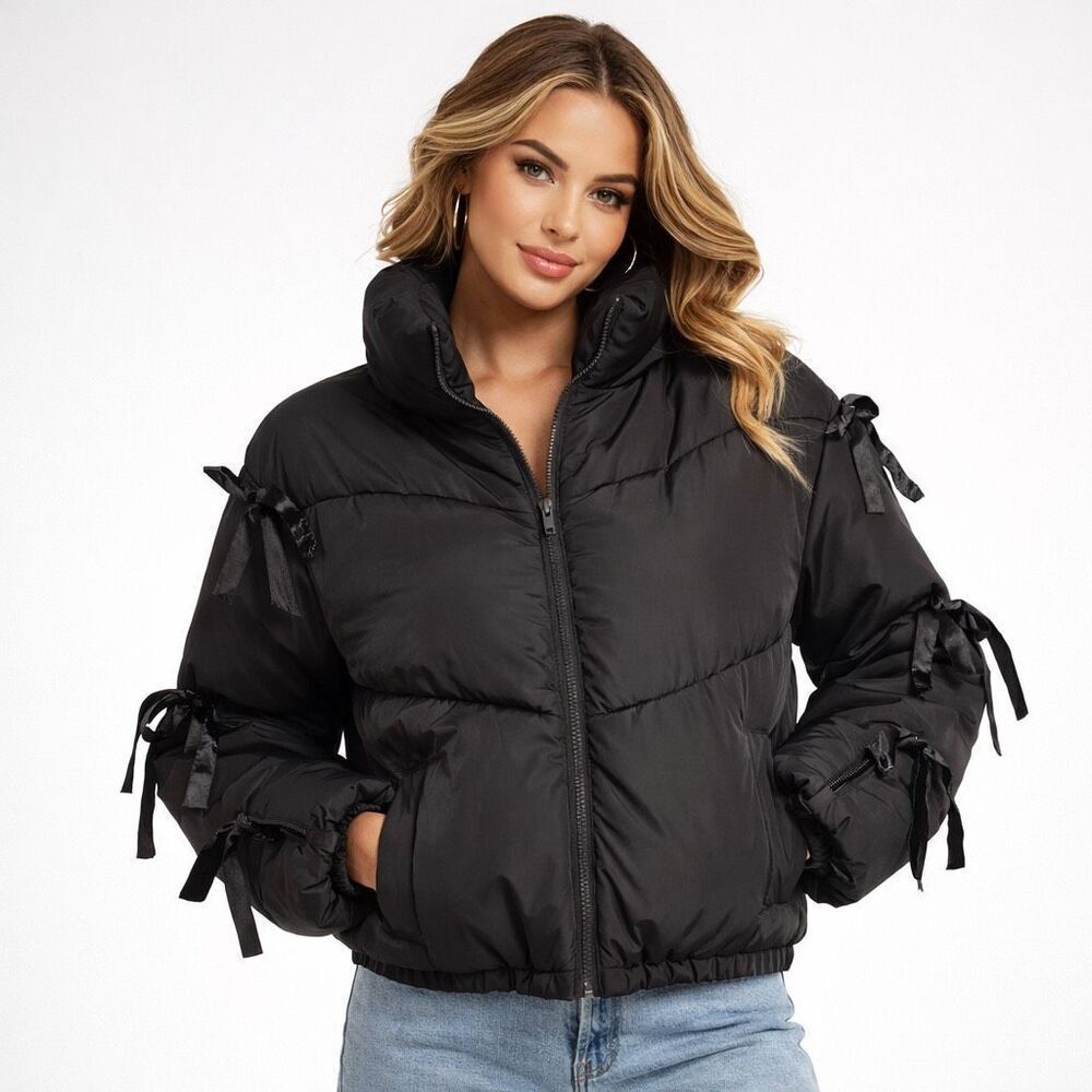 Madden Girl Cropped Black Puffer Jacket Tie Sleeve Bow Detail Large